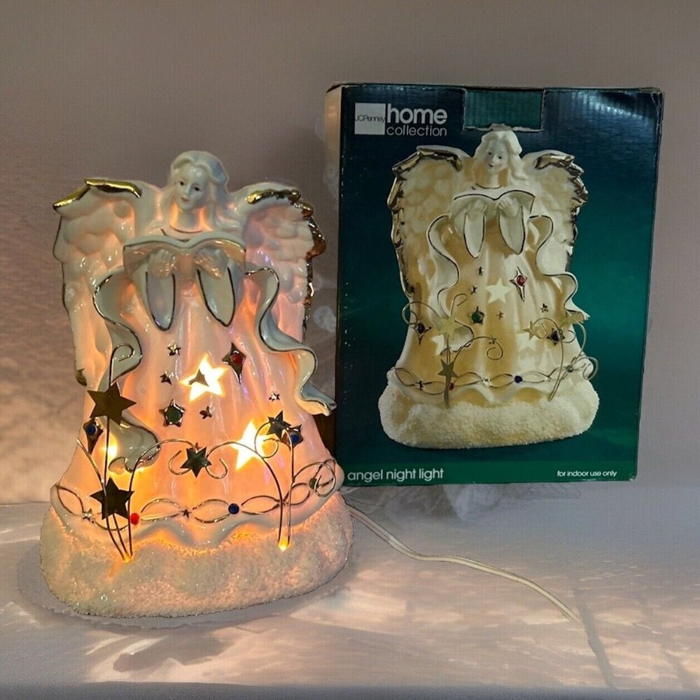 VINTAGE JC PENNEY ANGEL NIGHT LIGHT Ivory porcelain w/ Gold accents In box